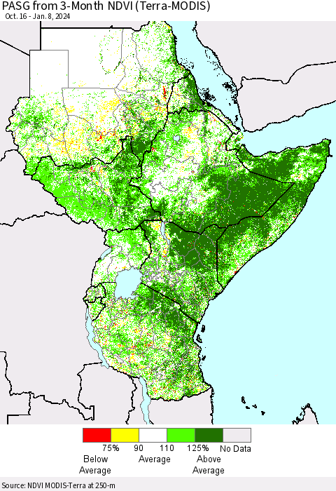 Eastern Africa PASG from 3-Month NDVI (Terra-MODIS) Thematic Map For 1/1/2024 - 1/8/2024
