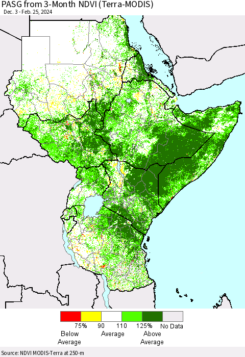 Eastern Africa PASG from 3-Month NDVI (Terra-MODIS) Thematic Map For 2/18/2024 - 2/25/2024