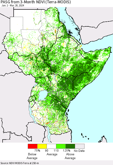 Eastern Africa PASG from 3-Month NDVI (Terra-MODIS) Thematic Map For 3/21/2024 - 3/28/2024