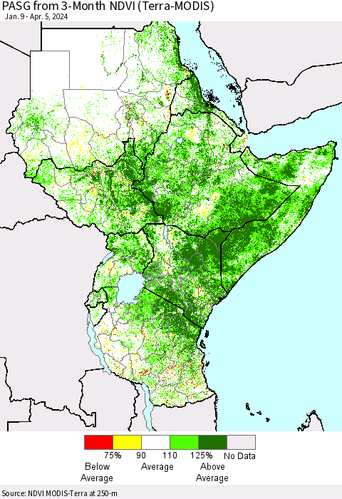 Eastern Africa PASG from 3-Month NDVI (Terra-MODIS) Thematic Map For 3/29/2024 - 4/5/2024