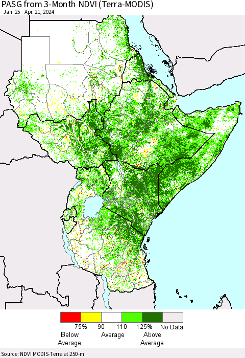 Eastern Africa PASG from 3-Month NDVI (Terra-MODIS) Thematic Map For 4/14/2024 - 4/21/2024