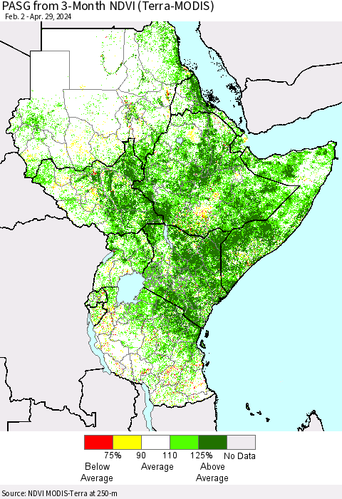 Eastern Africa PASG from 3-Month NDVI (Terra-MODIS) Thematic Map For 4/22/2024 - 4/29/2024
