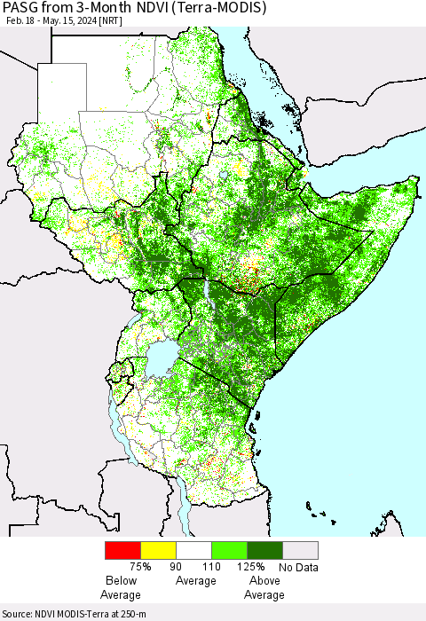 Eastern Africa PASG from 3-Month NDVI (Terra-MODIS) Thematic Map For 5/8/2024 - 5/15/2024