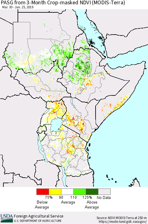 Eastern Africa PASG from 3-Month Cropland NDVI (Terra-MODIS) Thematic Map For 6/21/2019 - 6/30/2019