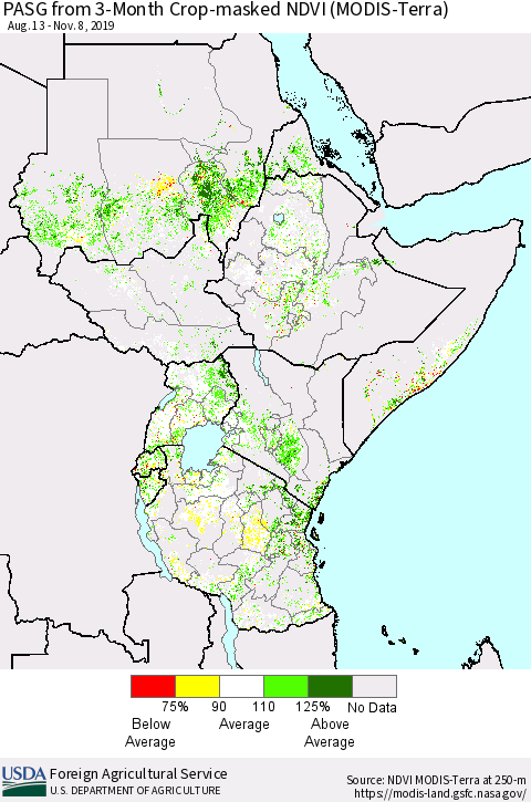 Eastern Africa PASG from 3-Month Cropland NDVI (Terra-MODIS) Thematic Map For 11/1/2019 - 11/10/2019