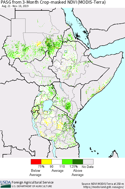 Eastern Africa PASG from 3-Month Cropland NDVI (Terra-MODIS) Thematic Map For 11/11/2019 - 11/20/2019