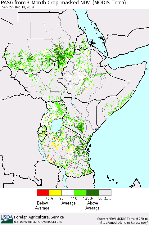 Eastern Africa PASG from 3-Month Cropland NDVI (Terra-MODIS) Thematic Map For 12/11/2019 - 12/20/2019