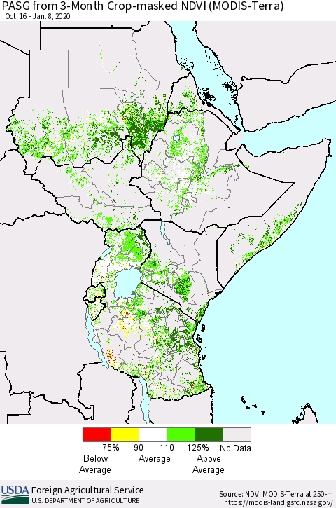 Eastern Africa PASG from 3-Month Cropland NDVI (Terra-MODIS) Thematic Map For 1/1/2020 - 1/10/2020