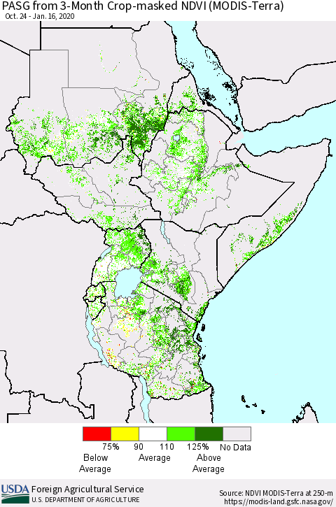 Eastern Africa PASG from 3-Month Cropland NDVI (Terra-MODIS) Thematic Map For 1/11/2020 - 1/20/2020