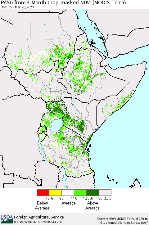 Eastern Africa PASG from 3-Month Cropland NDVI (Terra-MODIS) Thematic Map For 3/11/2020 - 3/20/2020