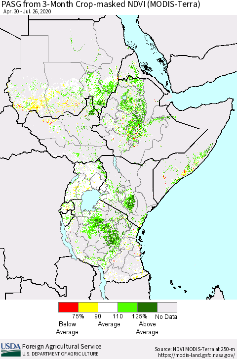 Eastern Africa PASG from 3-Month Cropland NDVI (Terra-MODIS) Thematic Map For 7/21/2020 - 7/31/2020