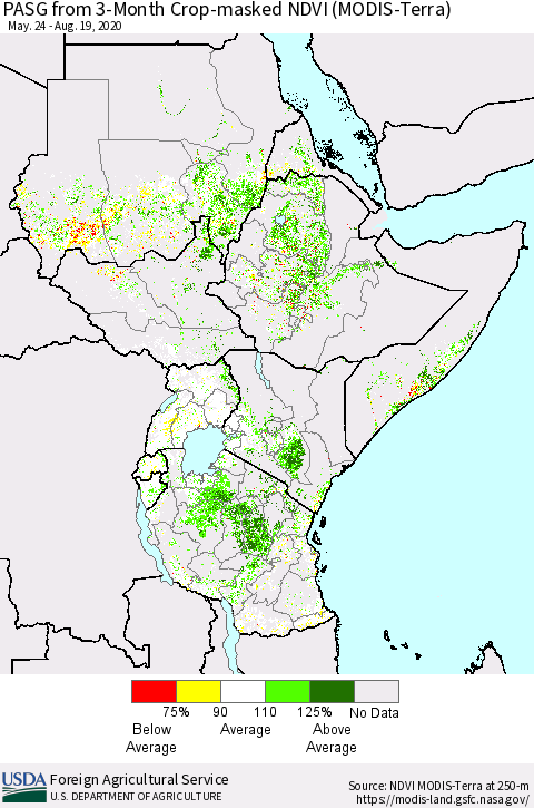 Eastern Africa PASG from 3-Month Cropland NDVI (Terra-MODIS) Thematic Map For 8/11/2020 - 8/20/2020