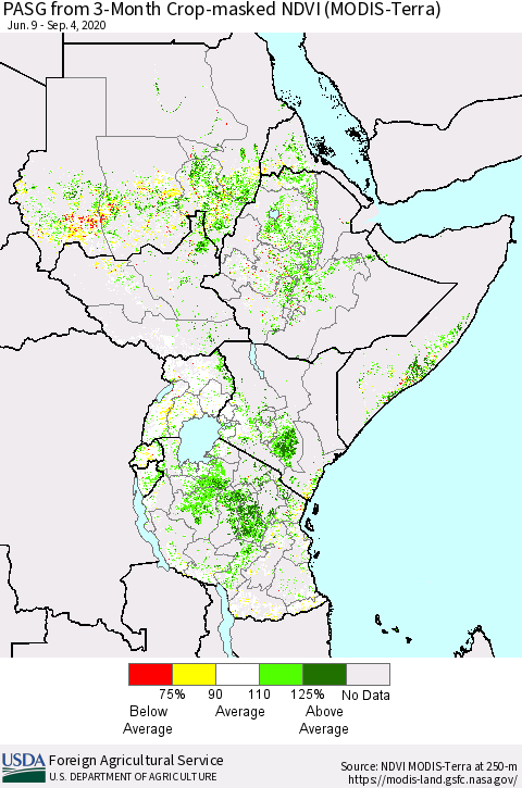 Eastern Africa PASG from 3-Month Cropland NDVI (Terra-MODIS) Thematic Map For 9/1/2020 - 9/10/2020