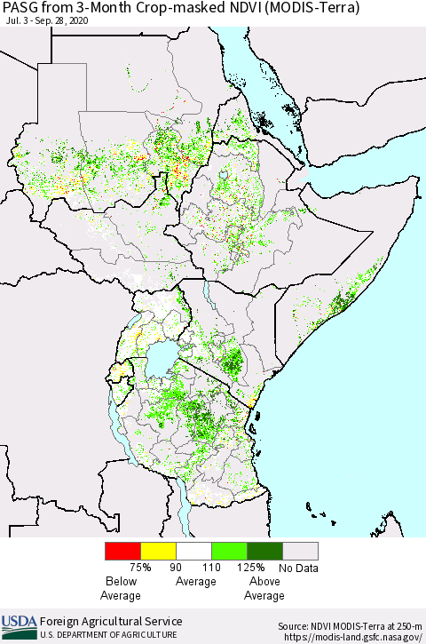 Eastern Africa PASG from 3-Month Cropland NDVI (Terra-MODIS) Thematic Map For 9/21/2020 - 9/30/2020