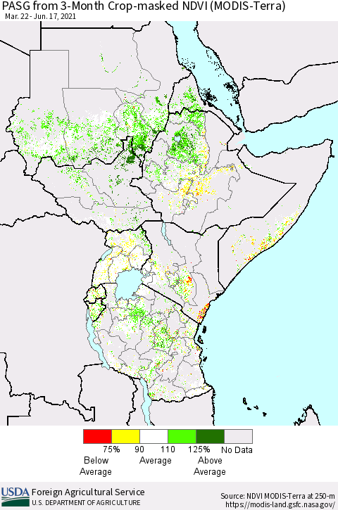 Eastern Africa PASG from 3-Month Cropland NDVI (Terra-MODIS) Thematic Map For 6/11/2021 - 6/20/2021