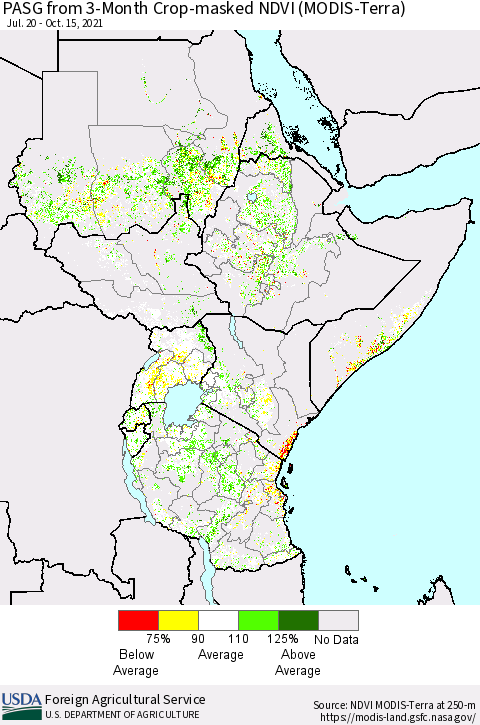 Eastern Africa PASG from 3-Month Cropland NDVI (Terra-MODIS) Thematic Map For 10/11/2021 - 10/20/2021