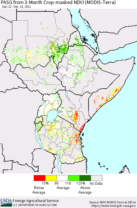Eastern Africa PASG from 3-Month Crop-masked NDVI (MODIS-Terra) Thematic Map For 12/11/2021 - 12/20/2021