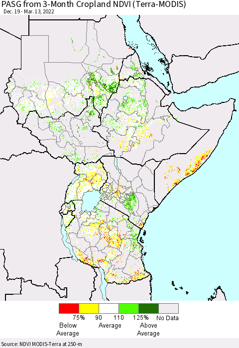 Eastern Africa PASG from 3-Month Cropland NDVI (Terra-MODIS) Thematic Map For 3/6/2022 - 3/13/2022