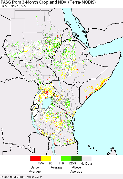Eastern Africa PASG from 3-Month Cropland NDVI (Terra-MODIS) Thematic Map For 3/22/2022 - 3/29/2022