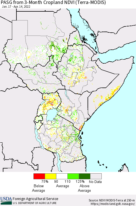 Eastern Africa PASG from 3-Month Cropland NDVI (Terra-MODIS) Thematic Map For 4/11/2022 - 4/20/2022