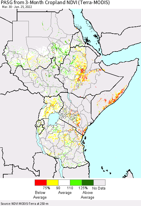 Eastern Africa PASG from 3-Month Cropland NDVI (Terra-MODIS) Thematic Map For 6/18/2022 - 6/25/2022