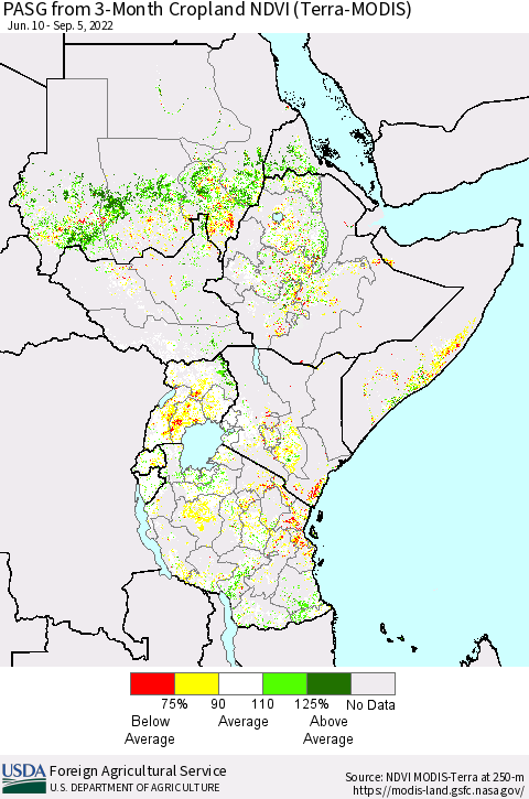 Eastern Africa PASG from 3-Month Cropland NDVI (Terra-MODIS) Thematic Map For 9/1/2022 - 9/10/2022