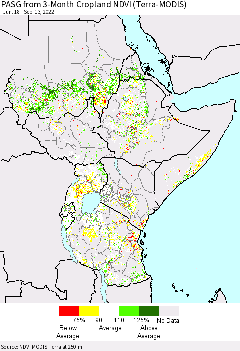 Eastern Africa PASG from 3-Month Cropland NDVI (Terra-MODIS) Thematic Map For 9/6/2022 - 9/13/2022