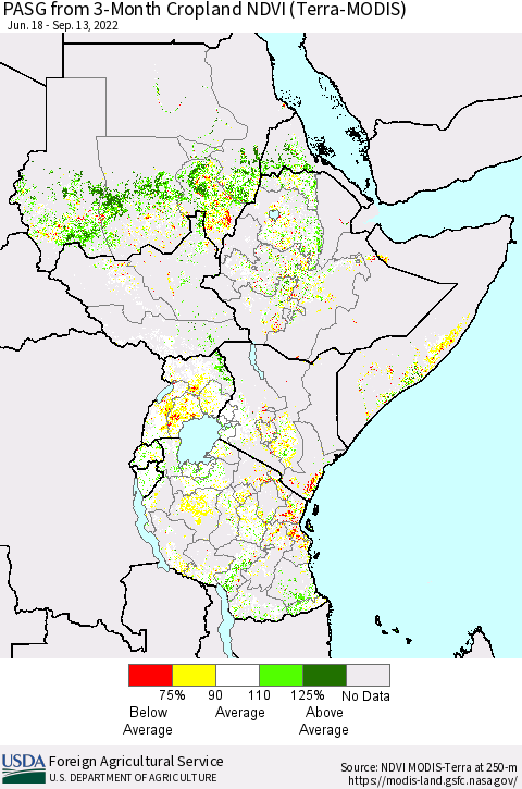 Eastern Africa PASG from 3-Month Cropland NDVI (Terra-MODIS) Thematic Map For 9/11/2022 - 9/20/2022