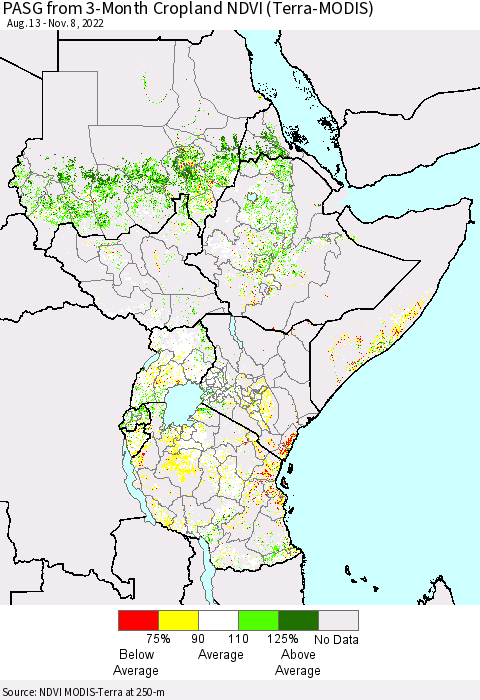 Eastern Africa PASG from 3-Month Cropland NDVI (Terra-MODIS) Thematic Map For 11/1/2022 - 11/8/2022