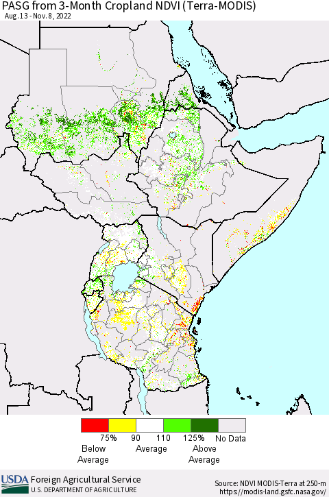 Eastern Africa PASG from 3-Month Cropland NDVI (Terra-MODIS) Thematic Map For 11/1/2022 - 11/10/2022