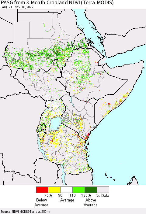 Eastern Africa PASG from 3-Month Cropland NDVI (Terra-MODIS) Thematic Map For 11/9/2022 - 11/16/2022
