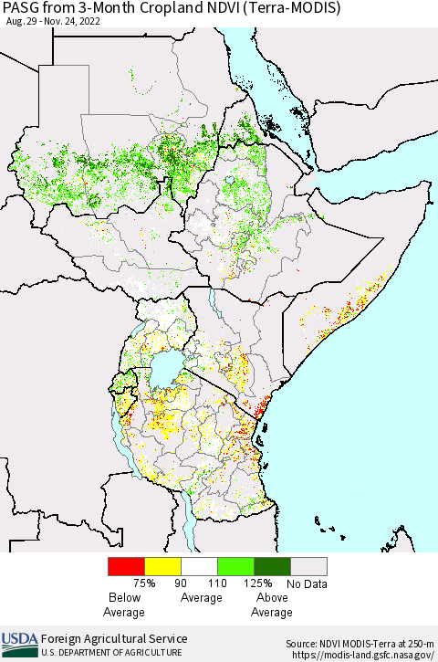 Eastern Africa PASG from 3-Month Cropland NDVI (Terra-MODIS) Thematic Map For 11/21/2022 - 11/30/2022