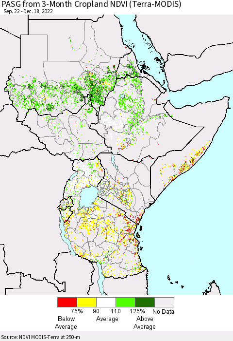Eastern Africa PASG from 3-Month Cropland NDVI (Terra-MODIS) Thematic Map For 12/11/2022 - 12/18/2022
