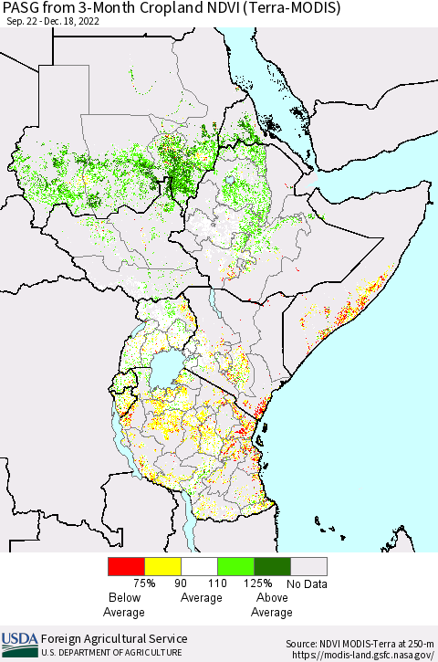 Eastern Africa PASG from 3-Month Cropland NDVI (Terra-MODIS) Thematic Map For 12/11/2022 - 12/20/2022