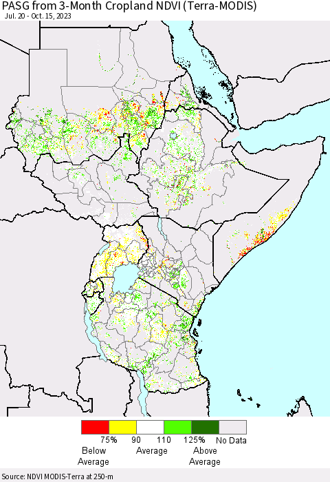 Eastern Africa PASG from 3-Month Cropland NDVI (Terra-MODIS) Thematic Map For 10/8/2023 - 10/15/2023