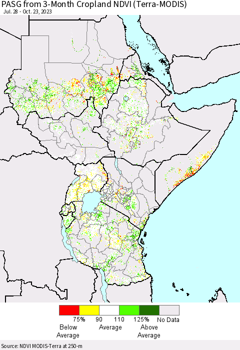 Eastern Africa PASG from 3-Month Cropland NDVI (Terra-MODIS) Thematic Map For 10/16/2023 - 10/23/2023