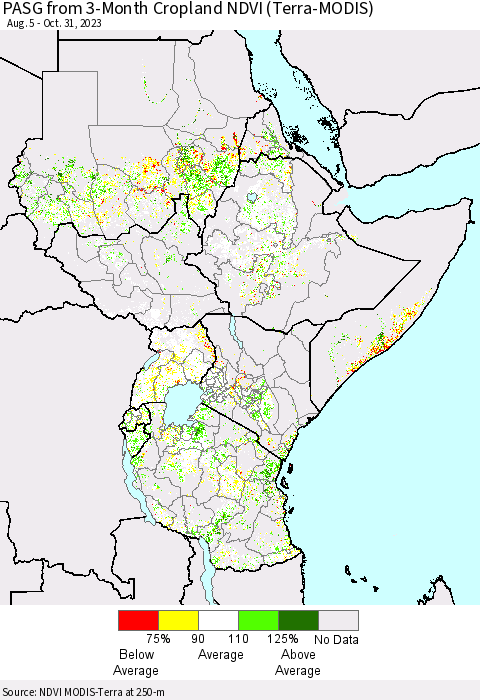Eastern Africa PASG from 3-Month Cropland NDVI (Terra-MODIS) Thematic Map For 10/24/2023 - 10/31/2023