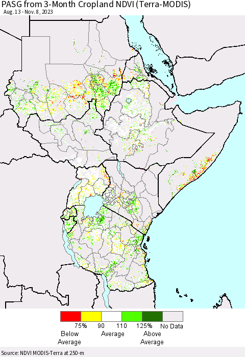 Eastern Africa PASG from 3-Month Cropland NDVI (Terra-MODIS) Thematic Map For 11/1/2023 - 11/8/2023