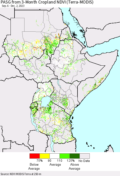 Eastern Africa PASG from 3-Month Cropland NDVI (Terra-MODIS) Thematic Map For 11/25/2023 - 12/2/2023