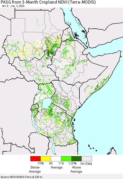 Eastern Africa PASG from 3-Month Cropland NDVI (Terra-MODIS) Thematic Map For 12/27/2023 - 1/3/2024