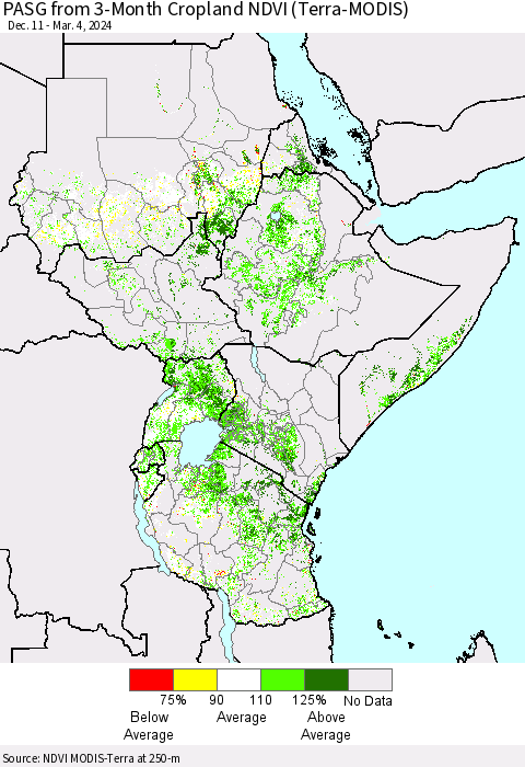 Eastern Africa PASG from 3-Month Cropland NDVI (Terra-MODIS) Thematic Map For 2/26/2024 - 3/4/2024