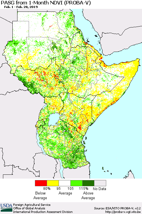 Eastern Africa PASG from 1-Month NDVI (PROBA-V) Thematic Map For 2/21/2019 - 2/28/2019