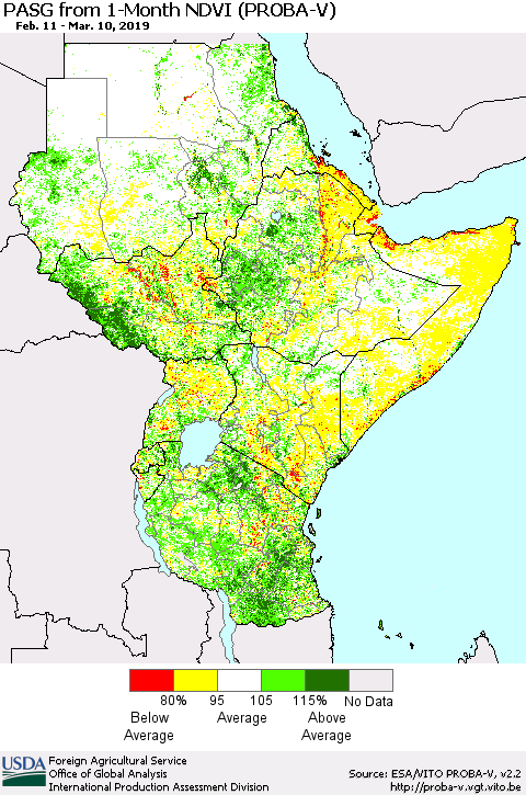 Eastern Africa PASG from 1-Month NDVI (PROBA-V) Thematic Map For 3/1/2019 - 3/10/2019