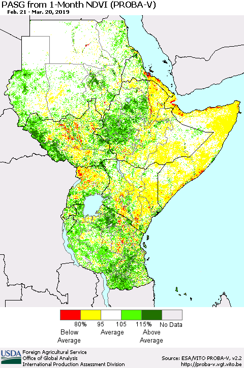 Eastern Africa PASG from 1-Month NDVI (PROBA-V) Thematic Map For 3/11/2019 - 3/20/2019