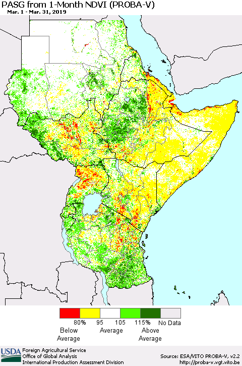 Eastern Africa PASG from 1-Month NDVI (PROBA-V) Thematic Map For 3/21/2019 - 3/31/2019