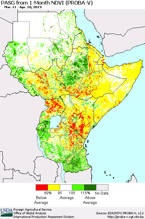Eastern Africa PASG from 1-Month NDVI (PROBA-V) Thematic Map For 4/1/2019 - 4/10/2019