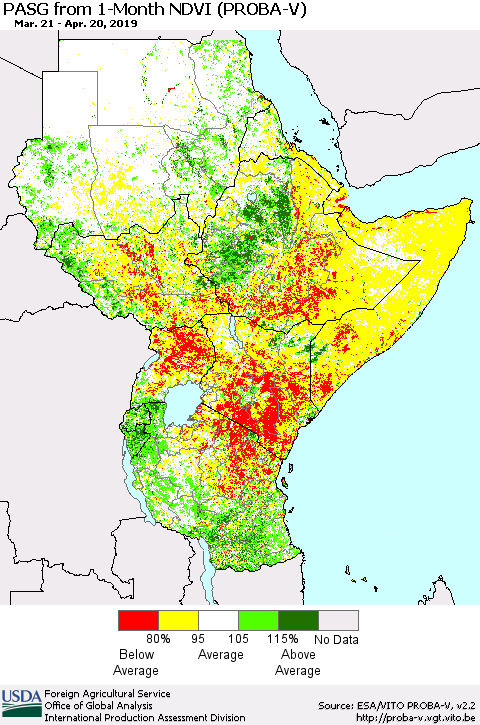 Eastern Africa PASG from 1-Month NDVI (PROBA-V) Thematic Map For 4/11/2019 - 4/20/2019
