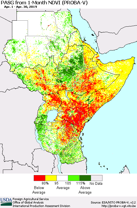 Eastern Africa PASG from 1-Month NDVI (PROBA-V) Thematic Map For 4/21/2019 - 4/30/2019