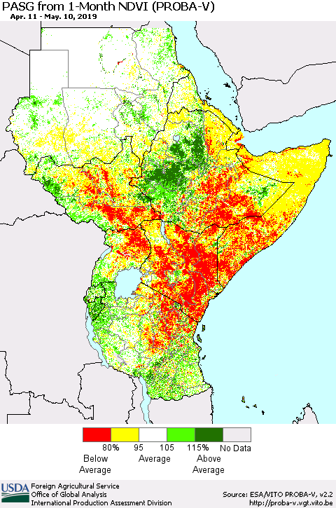 Eastern Africa PASG from 1-Month NDVI (PROBA-V) Thematic Map For 5/1/2019 - 5/10/2019