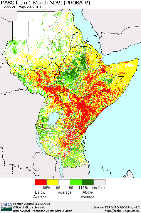 Eastern Africa PASG from 1-Month NDVI (PROBA-V) Thematic Map For 5/11/2019 - 5/20/2019
